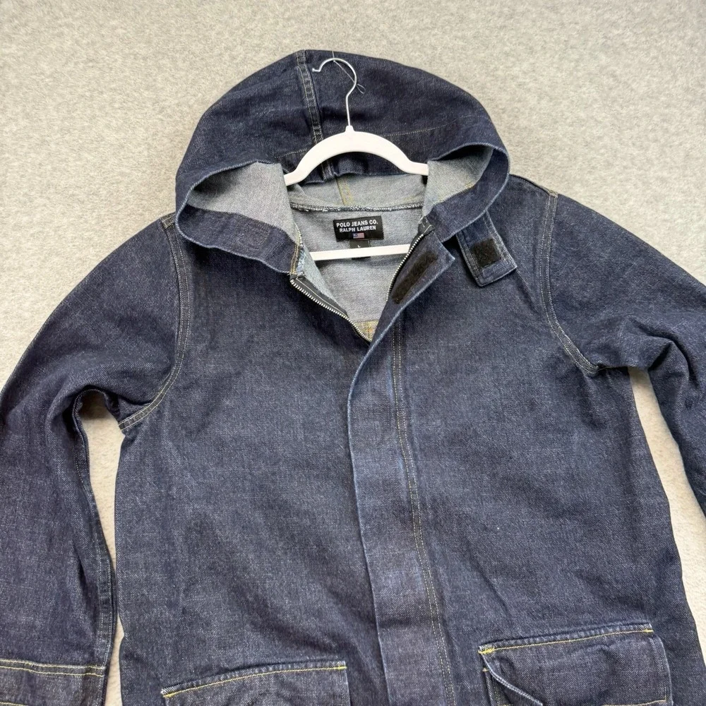 POLO JEANS RALPH LAUREN 90s Denim Duster Trench Chore‎ Coat L Indigo Blue Hooded